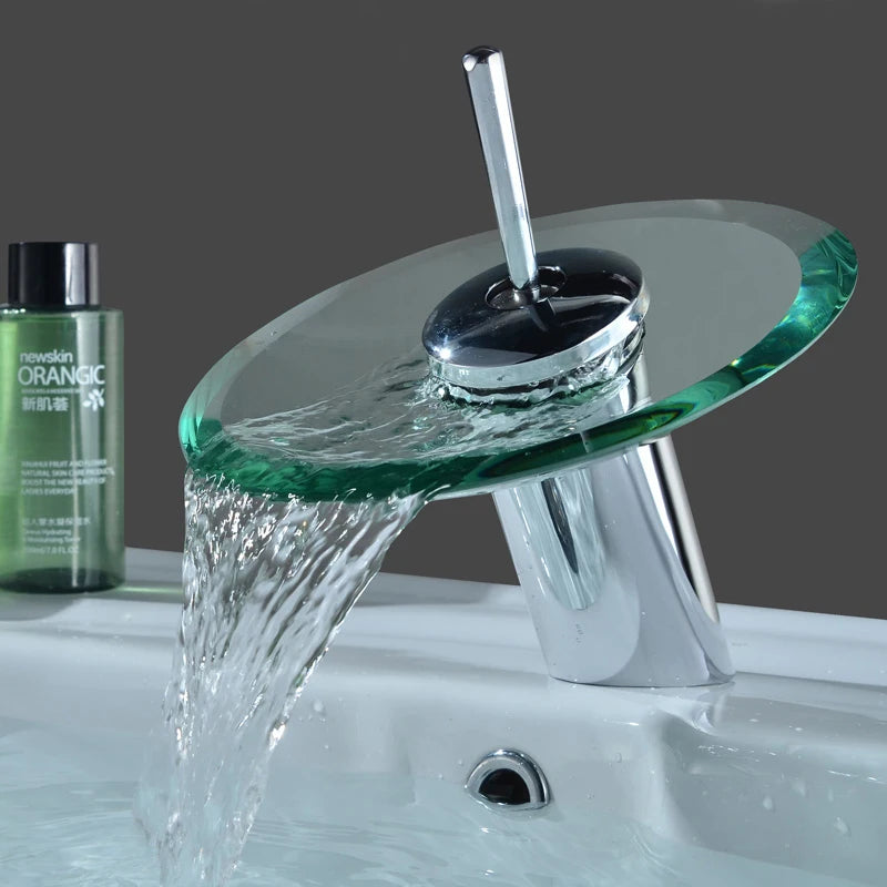 Colorful Glass Waterfall Bathroom Basin Sink Faucet