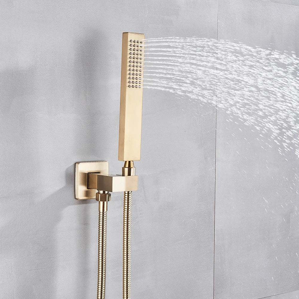 Brushed Golden Faucet Wall Mounted 8" Rainfall Bath Shower Set