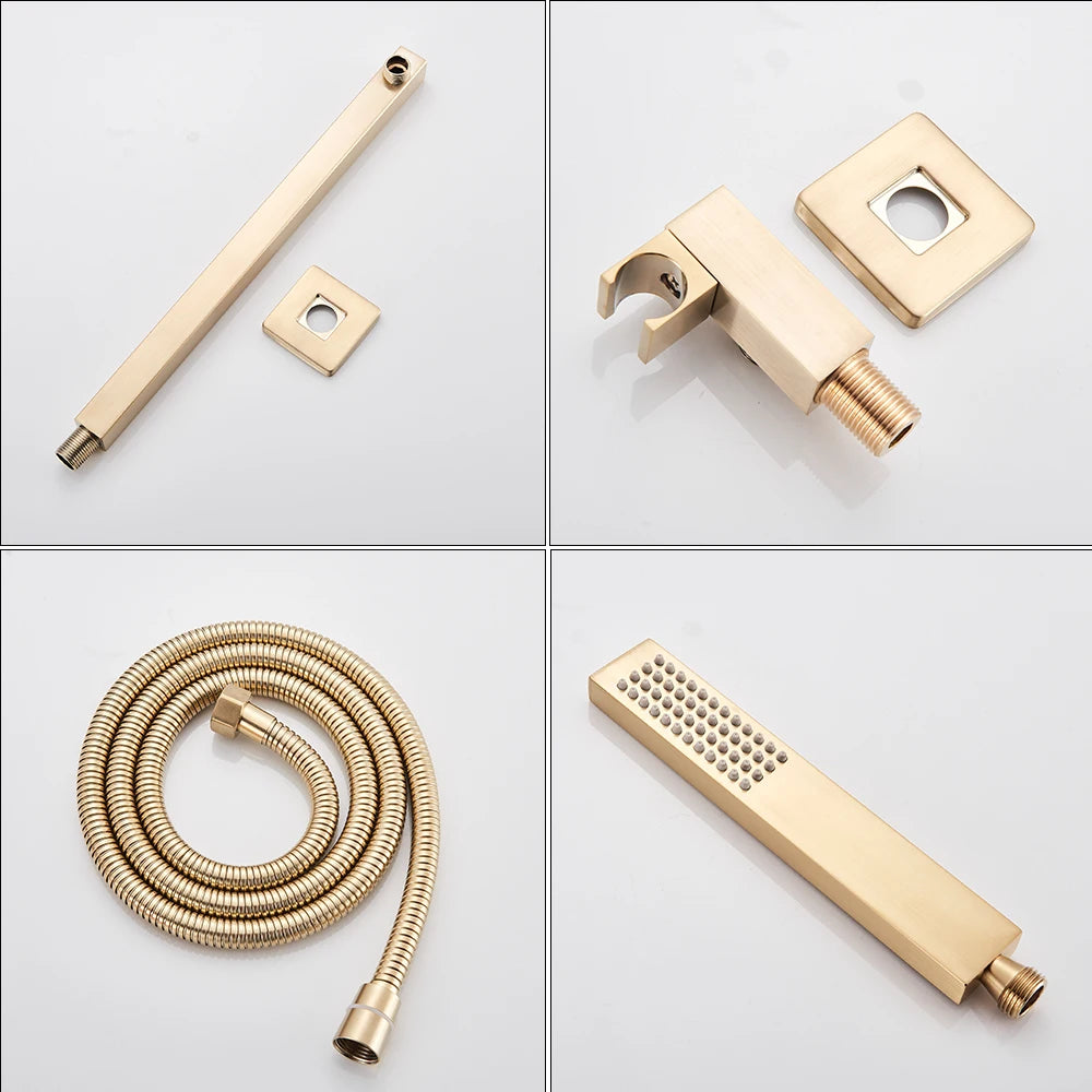Brushed Golden Faucet Wall Mounted 8" Rainfall Bath Shower Set