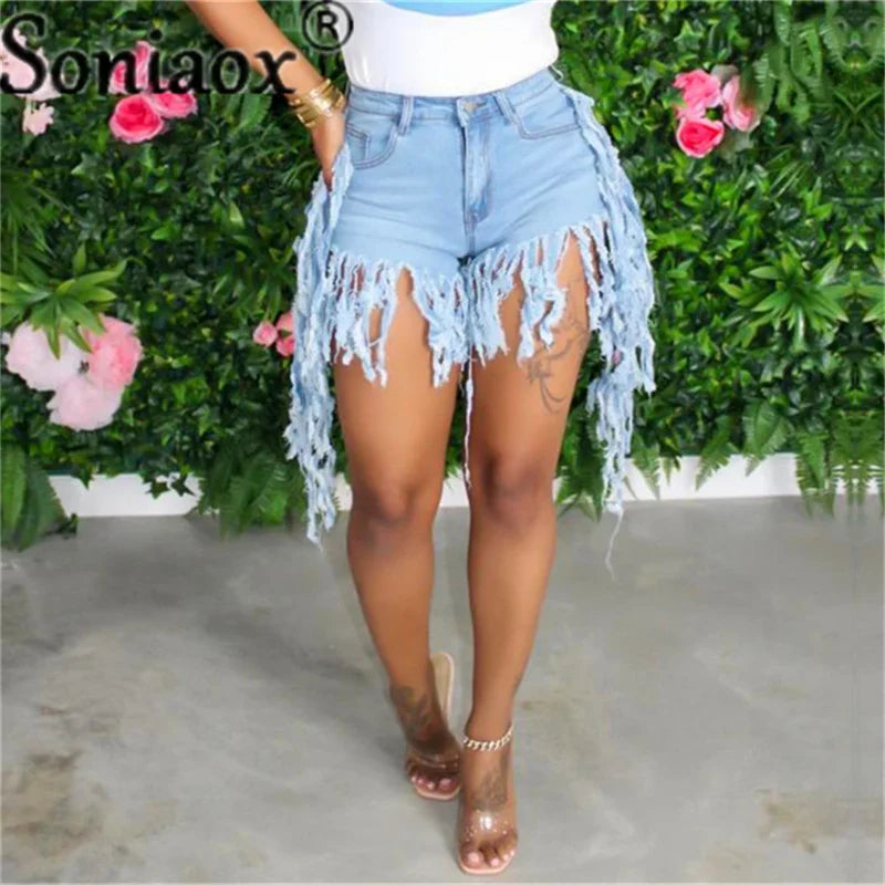 Tassel High Waist Ladies Night Club Denim Shorts
