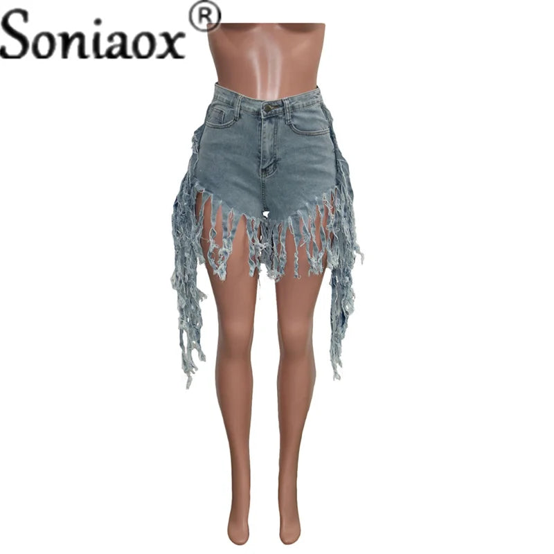 Tassel High Waist Ladies Night Club Denim Shorts