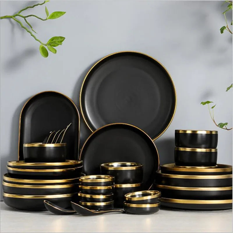 Matte Gold Inlay Black Porcelain Dinner Set