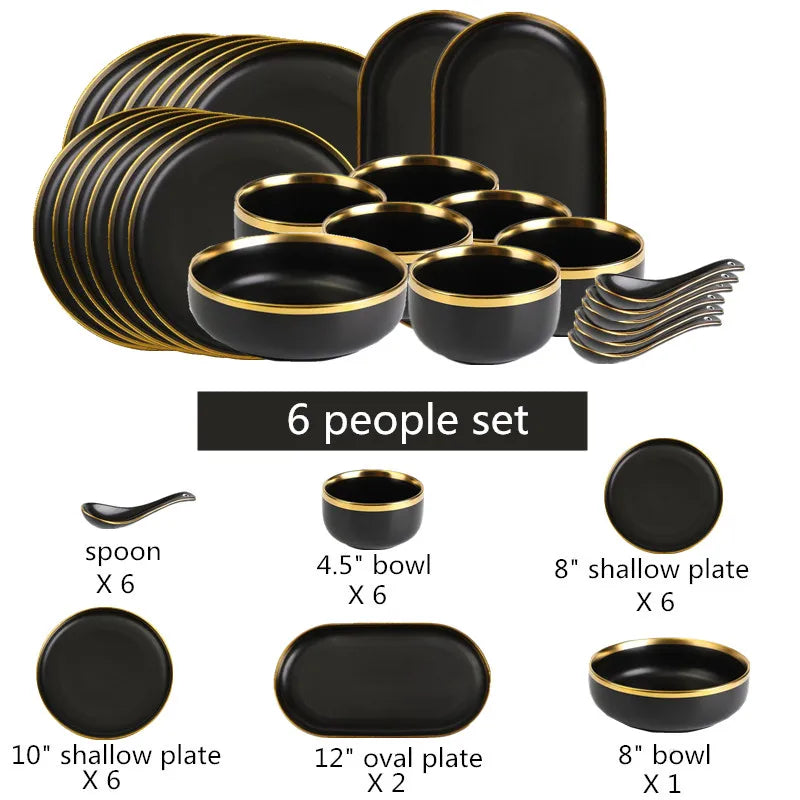 Matte Gold Inlay Black Porcelain Dinner Set