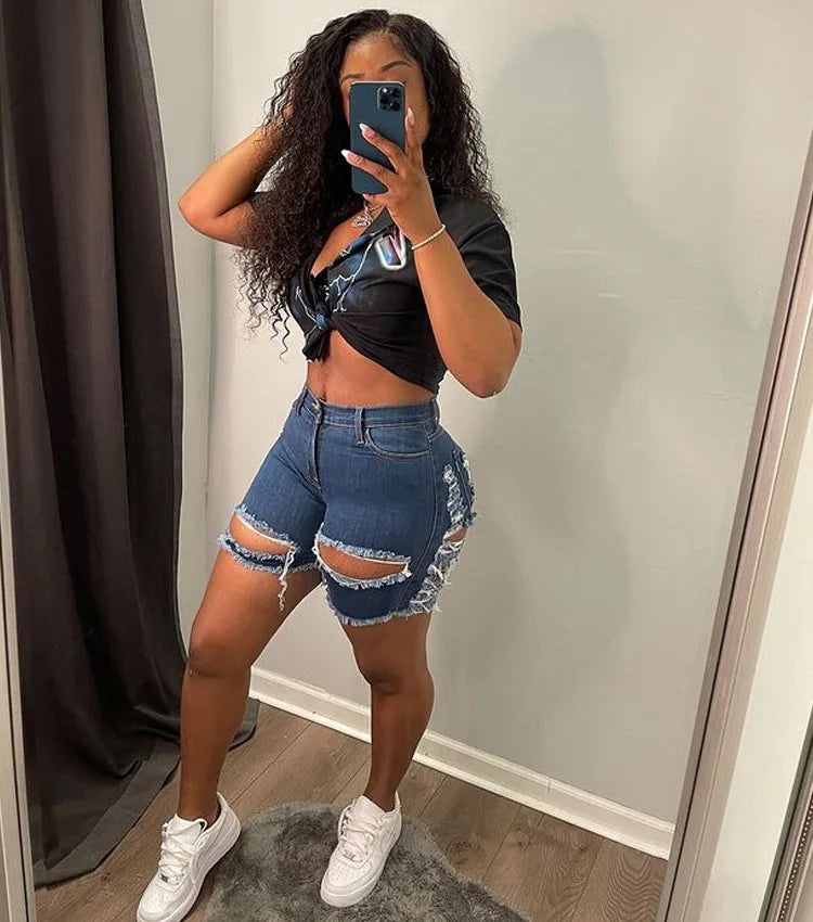 Blue Denim High Waist Bodycon Ripped Shorts