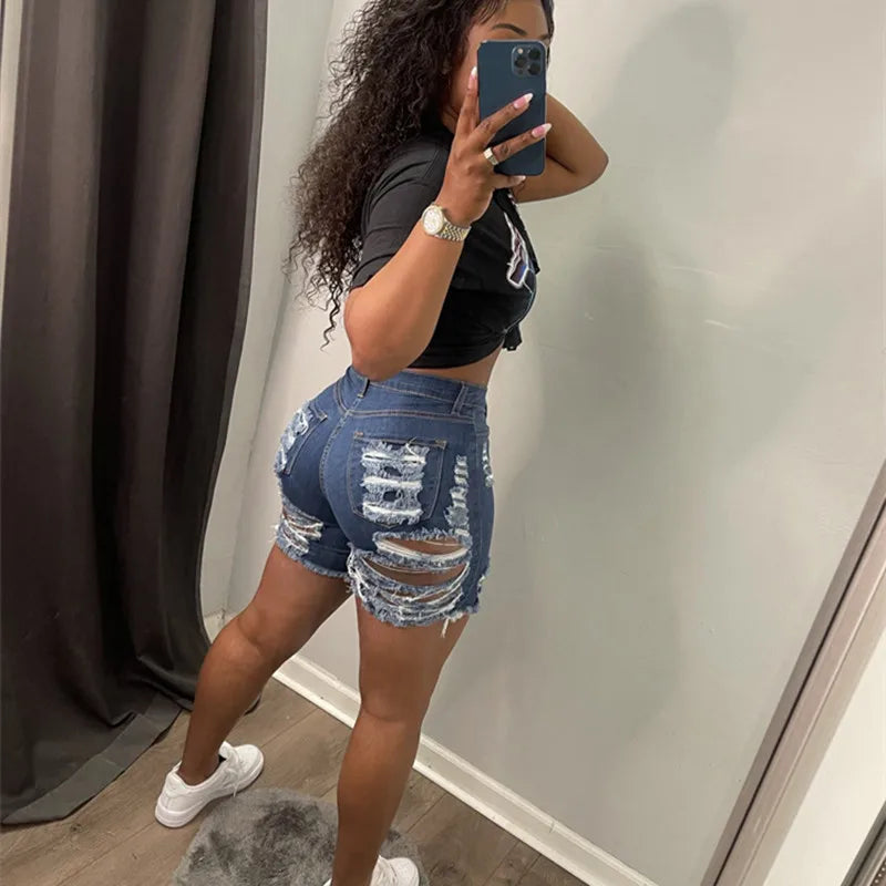 Blue Denim High Waist Bodycon Ripped Shorts