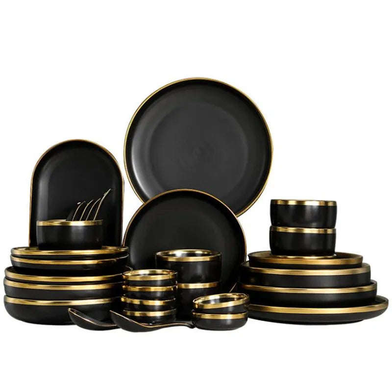 Matte Gold Inlay Black Porcelain Dinner Set