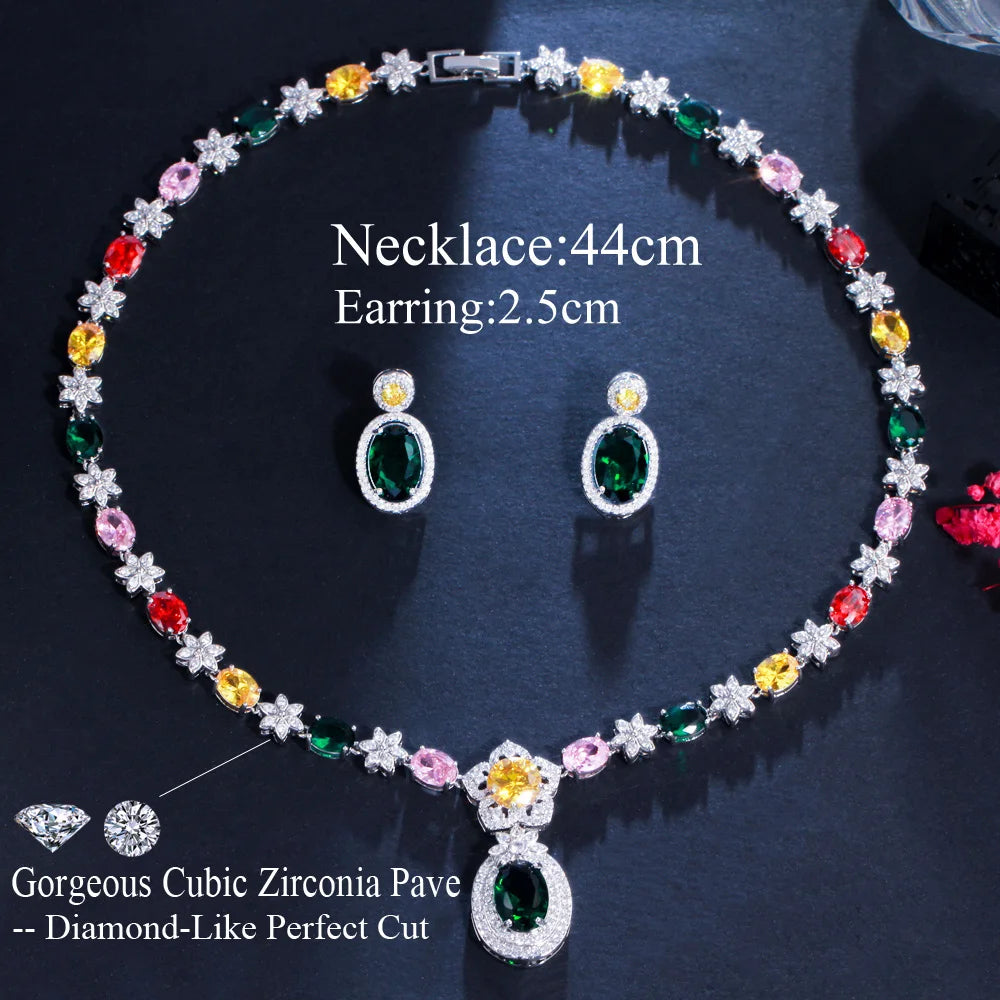 Shiny Colorful Flower Necklace and Earrings