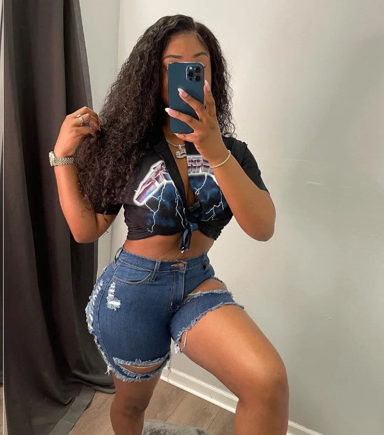 Blue Denim High Waist Bodycon Ripped Shorts