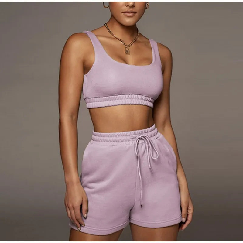 Two Piece Crop Top Matching Shorts Athleisure Set