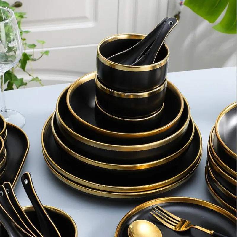Matte Gold Inlay Black Porcelain Dinner Set