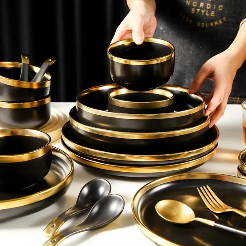 Matte Gold Inlay Black Porcelain Dinner Set