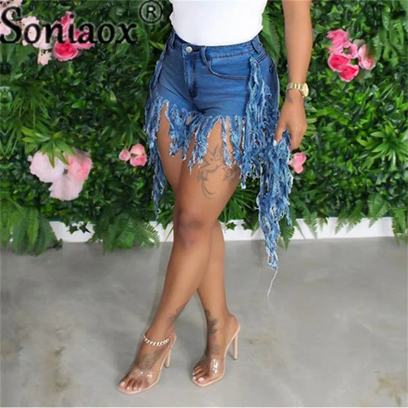 Tassel High Waist Ladies Night Club Denim Shorts