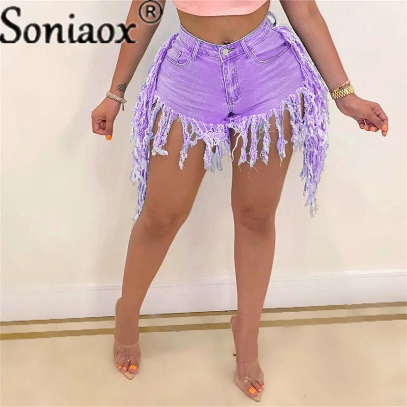 Tassel High Waist Ladies Night Club Denim Shorts