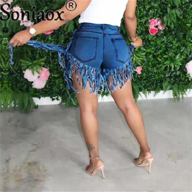 Tassel High Waist Ladies Night Club Denim Shorts