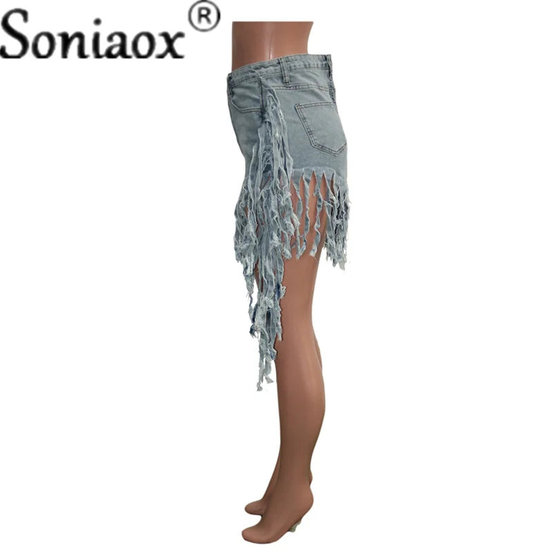 Tassel High Waist Ladies Night Club Denim Shorts