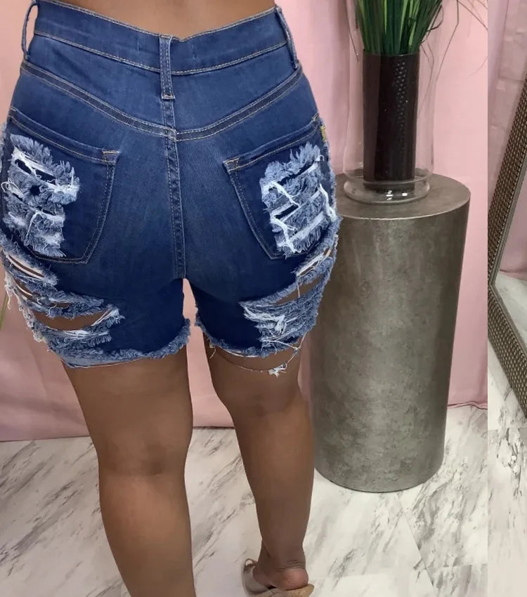 Blue Denim High Waist Bodycon Ripped Shorts