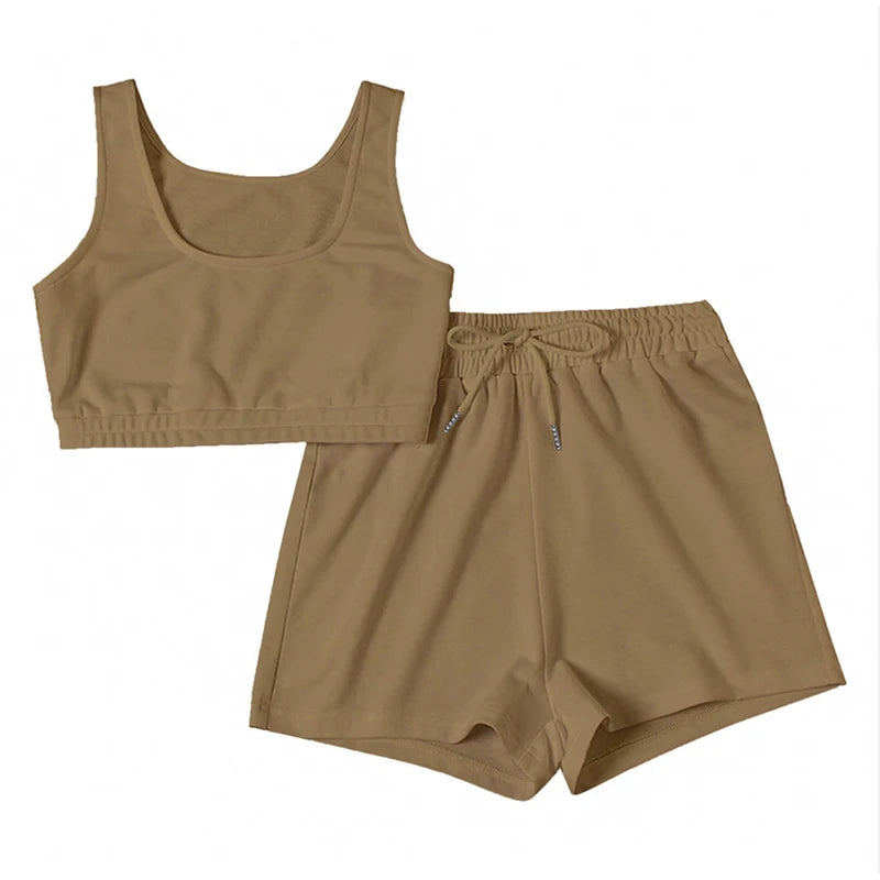 Two Piece Crop Top Matching Shorts Athleisure Set