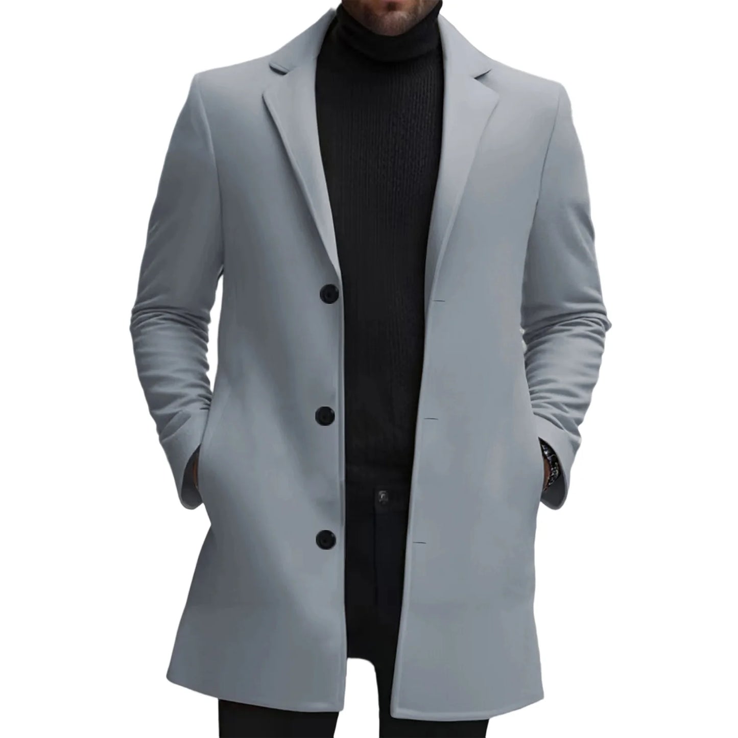 Wool Blend Pea Coat with Lapel Collar and Single Button Closure