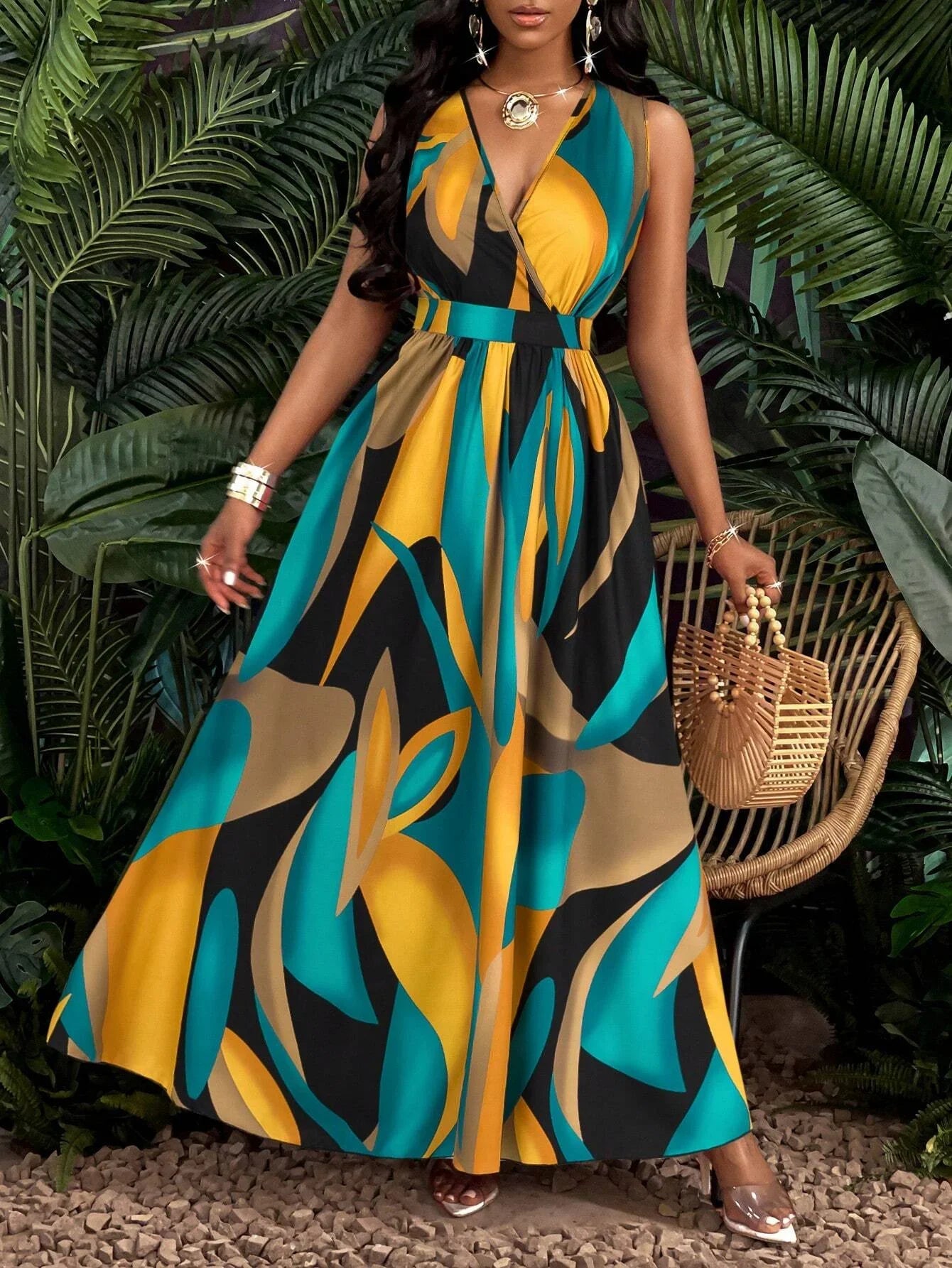 Sleeveless V-Neck Floor-Length Dress Abstract Print
