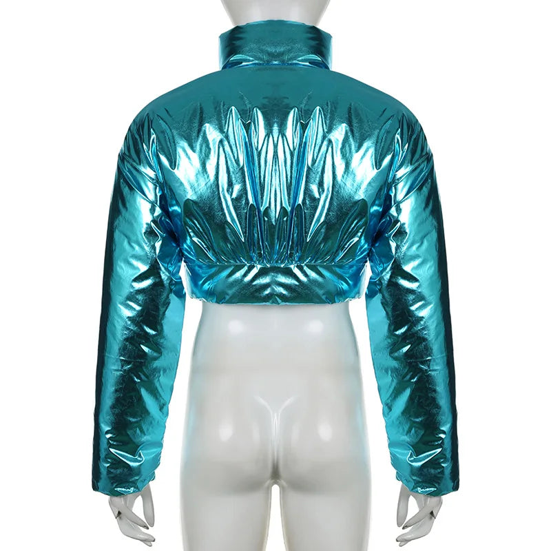 Blue Metallic Long Sleeve Cropped Puffer Jacket