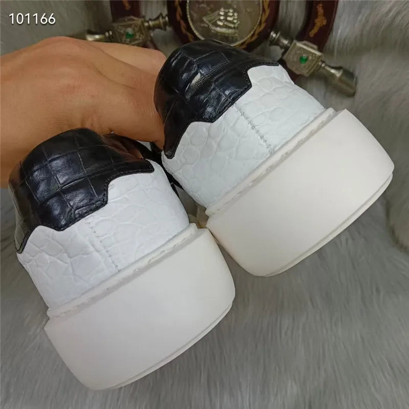 Authentic Exotic Crocodile Skin Black White Color Casual Board Shoes