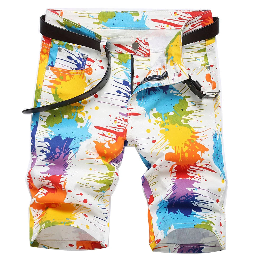 Mens Color Painted Shorts Stretch Denim