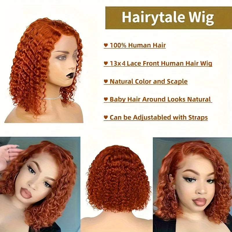 13x4 Ginger Orange Curly Bob Lace Front Wig Human Hair 180% Density