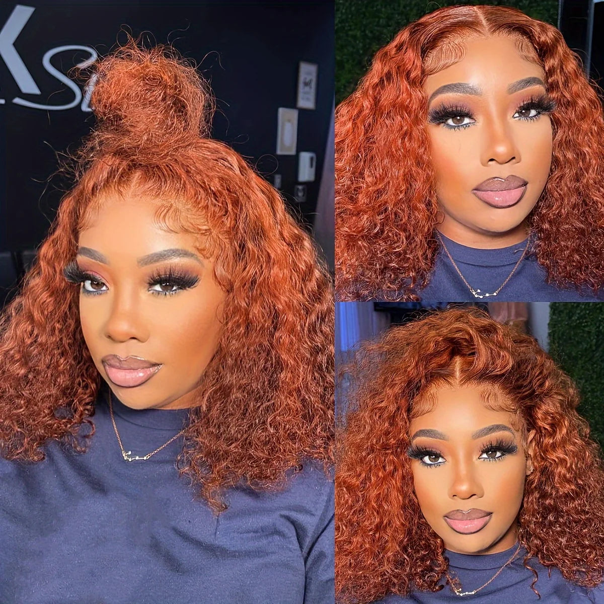 13x4 Ginger Orange Curly Bob Lace Front Wig Human Hair 180% Density