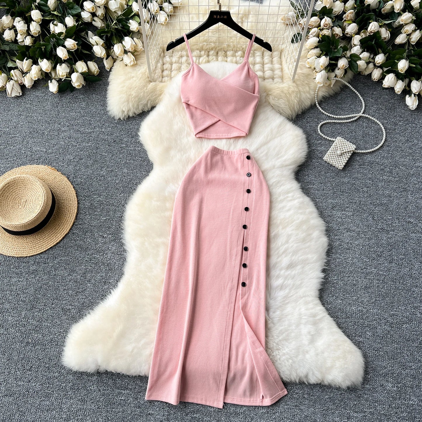 Sexy 2 Piece Crop Camis Top and Split Long Skirt