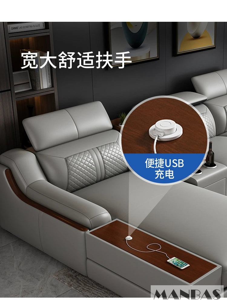 Stylish Italian Genuine Leather Sofa w/Adjustable Headrests & Bluetooth Speaker