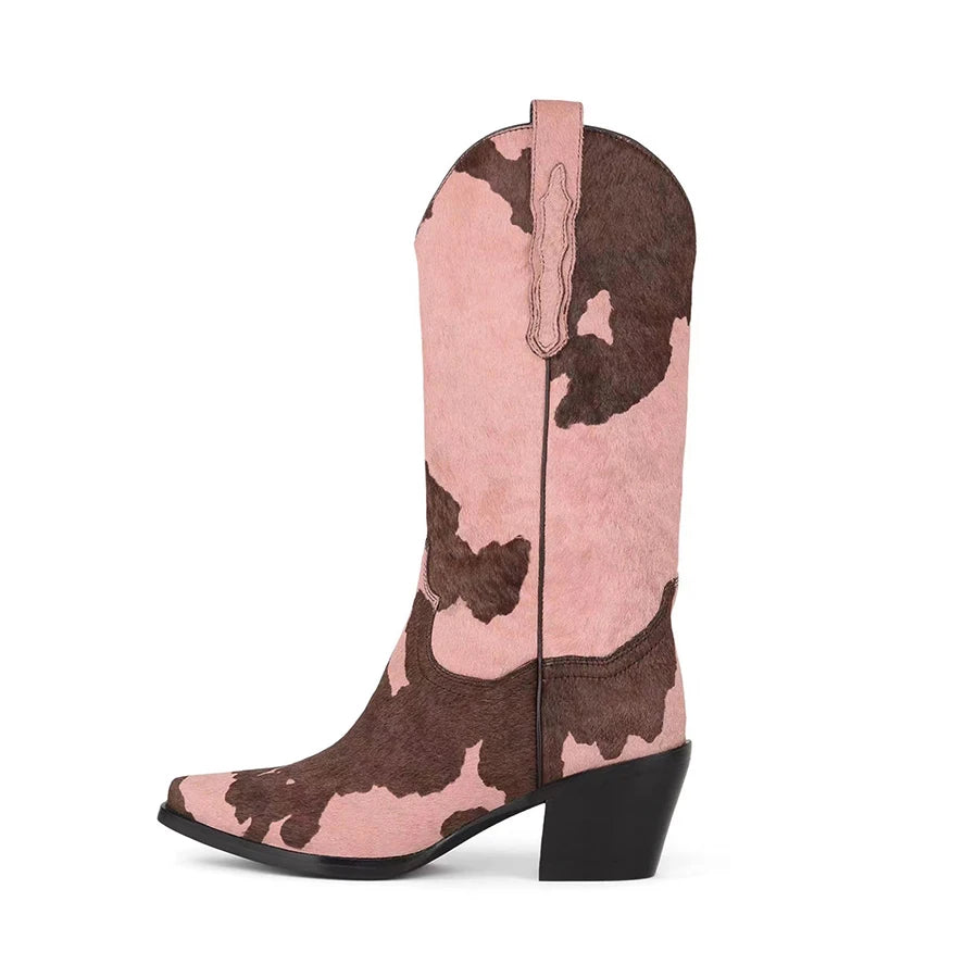 Horsehair Middle Boots Pointed Toe Mixed Colors