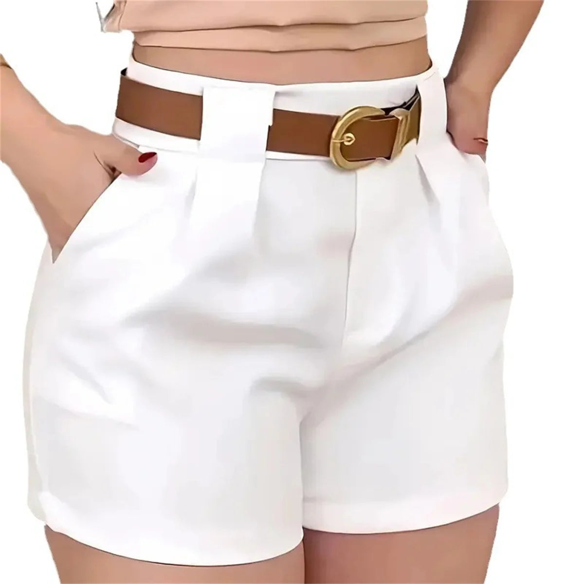Womens High Waist Solid Color Belt Shorts
