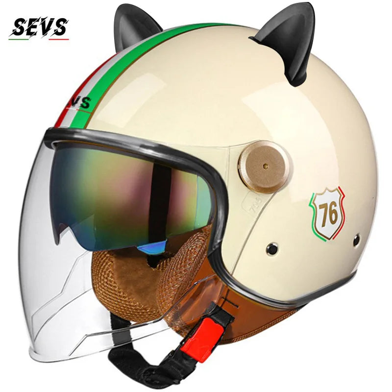 Vintage Cat Ear Motorcycle Helmet Retro Dual Visor