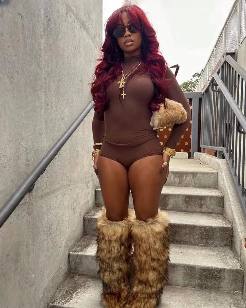 Winter Thigh High Fluffy Boots Furry Faux Fox Fur