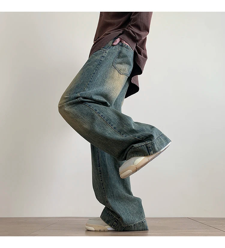 Distressed Vintage Blue Jeans Pants Men Wide-leg