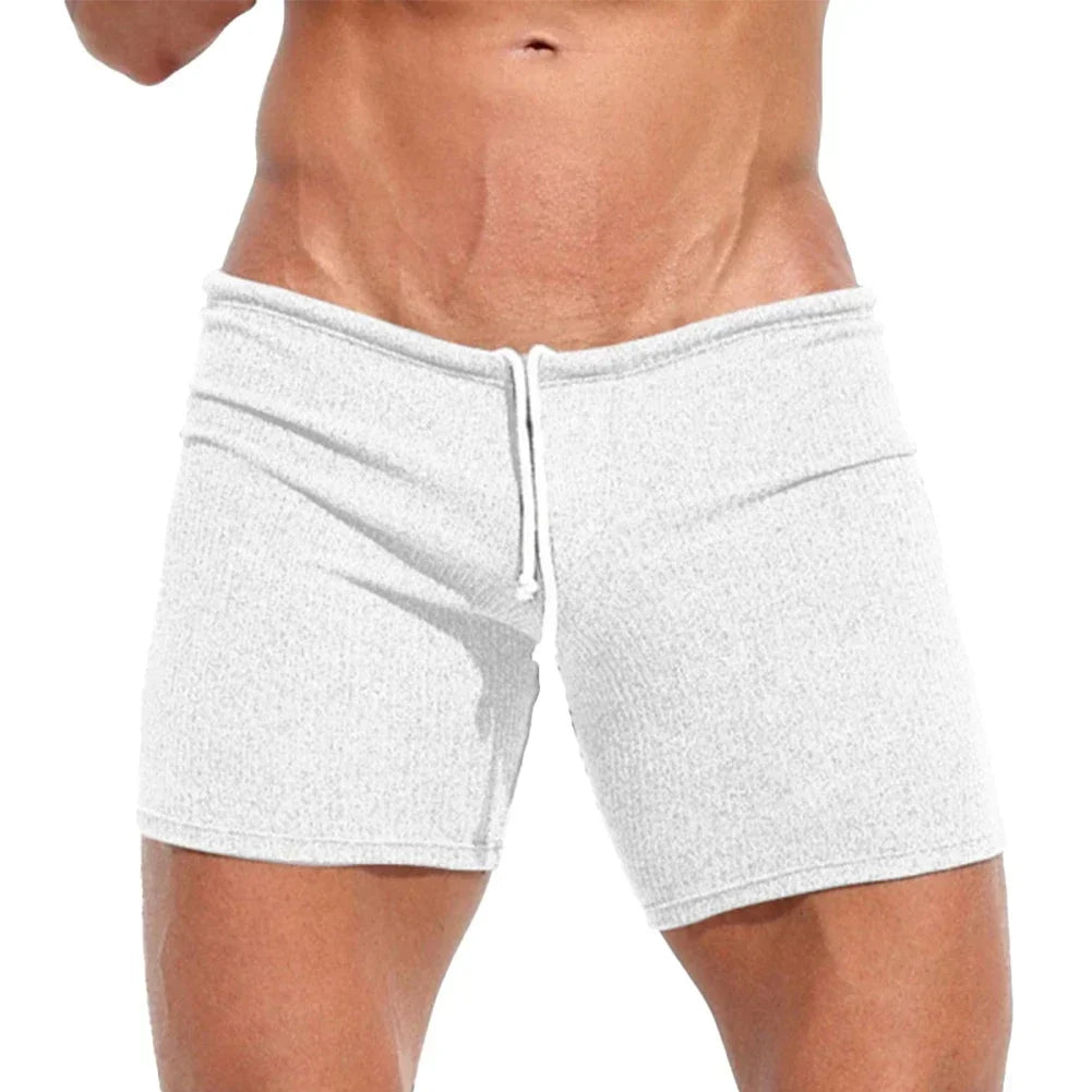 Mens Sexy Drawstring Ribbed Sleepwear Shorts