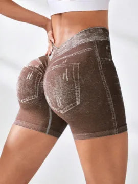 Womens V Back Faux Jeans Elastic Workout Yoga Pants