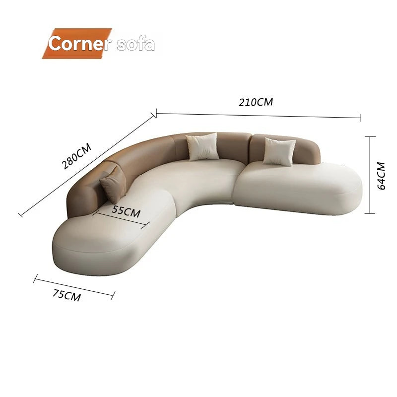 Curved Leather Corner Sofa Set with Solid Wood Frame