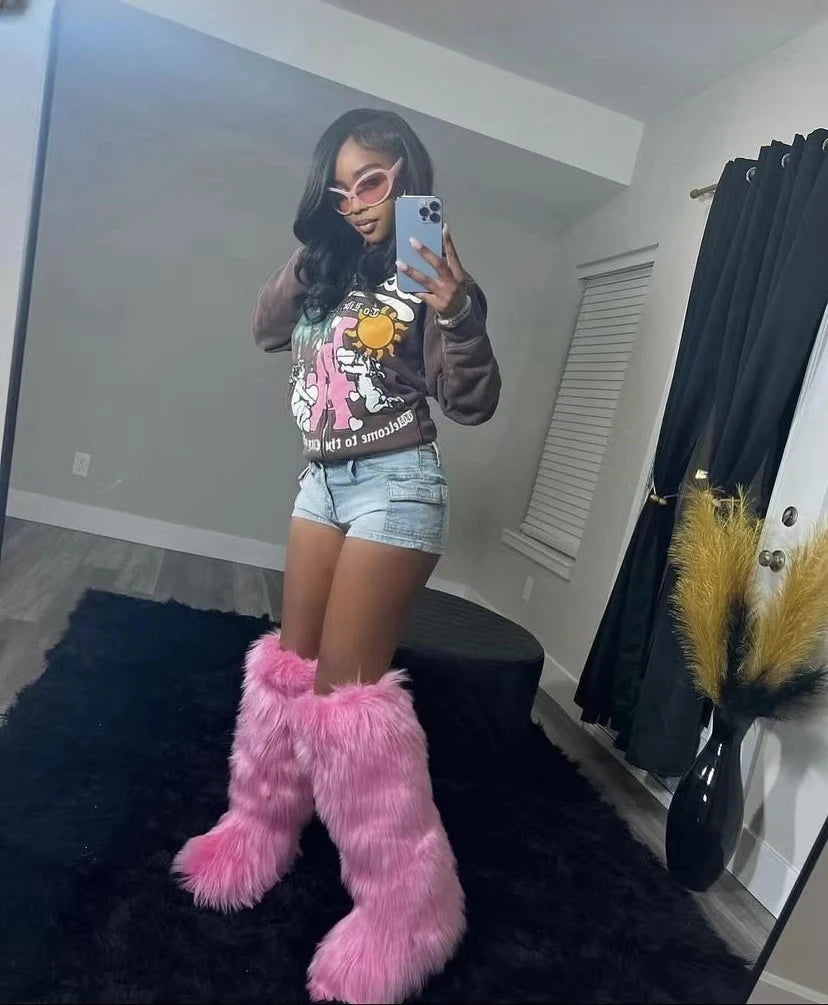 Winter Thigh High Fluffy Boots Furry Faux Fox Fur