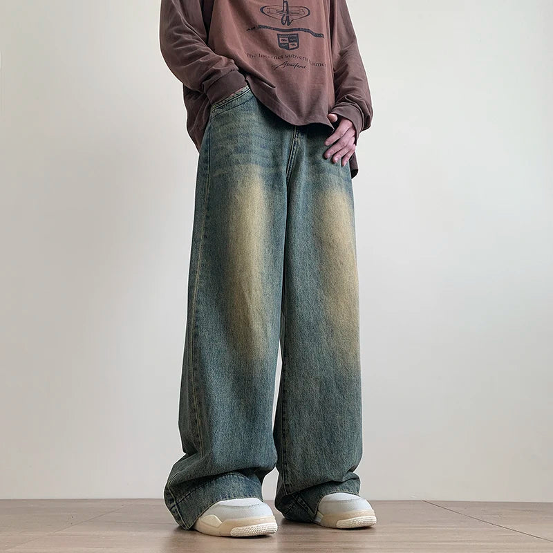 Distressed Vintage Blue Jeans Pants Men Wide-leg