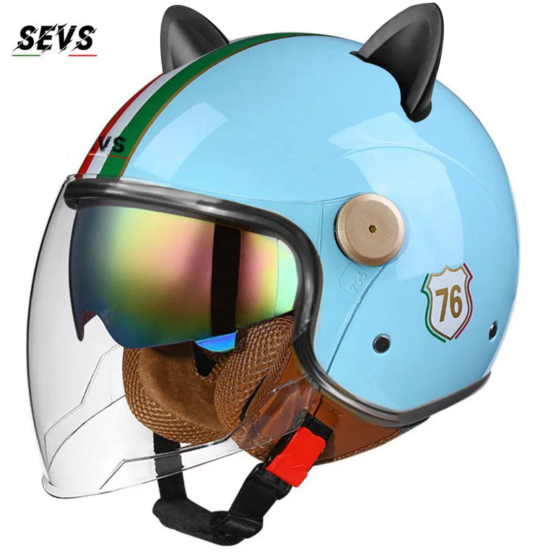 Vintage Cat Ear Motorcycle Helmet Retro Dual Visor