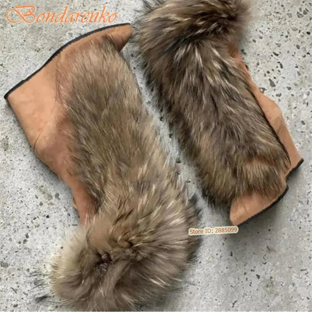 Fur Suede Wedge Boots Pointy Toe Solid Mid Calf