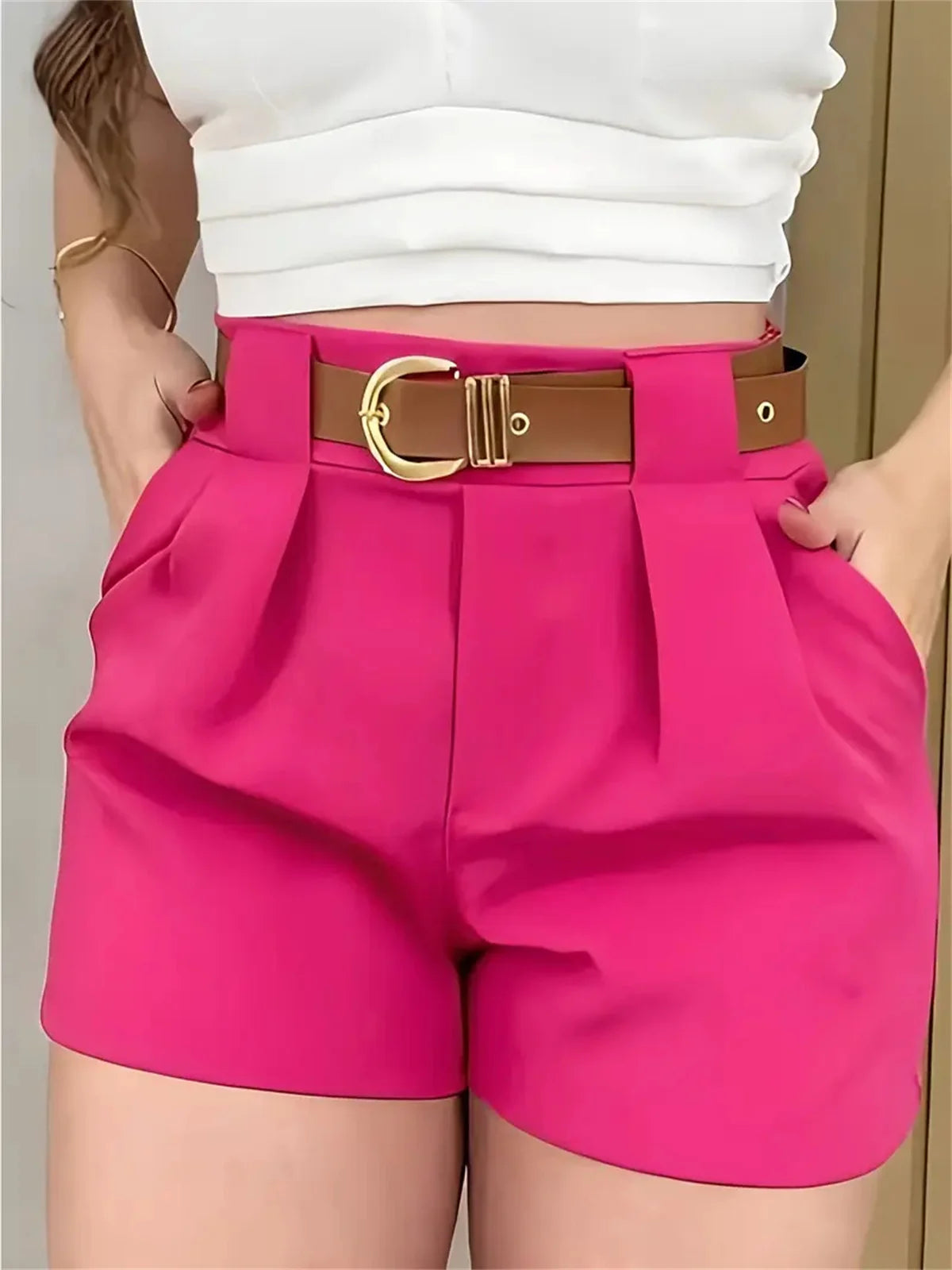 Womens High Waist Solid Color Belt Shorts