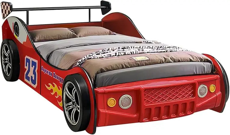 Twin Size Race Car Shaped Platform Bed Frame with Headboard Wheels