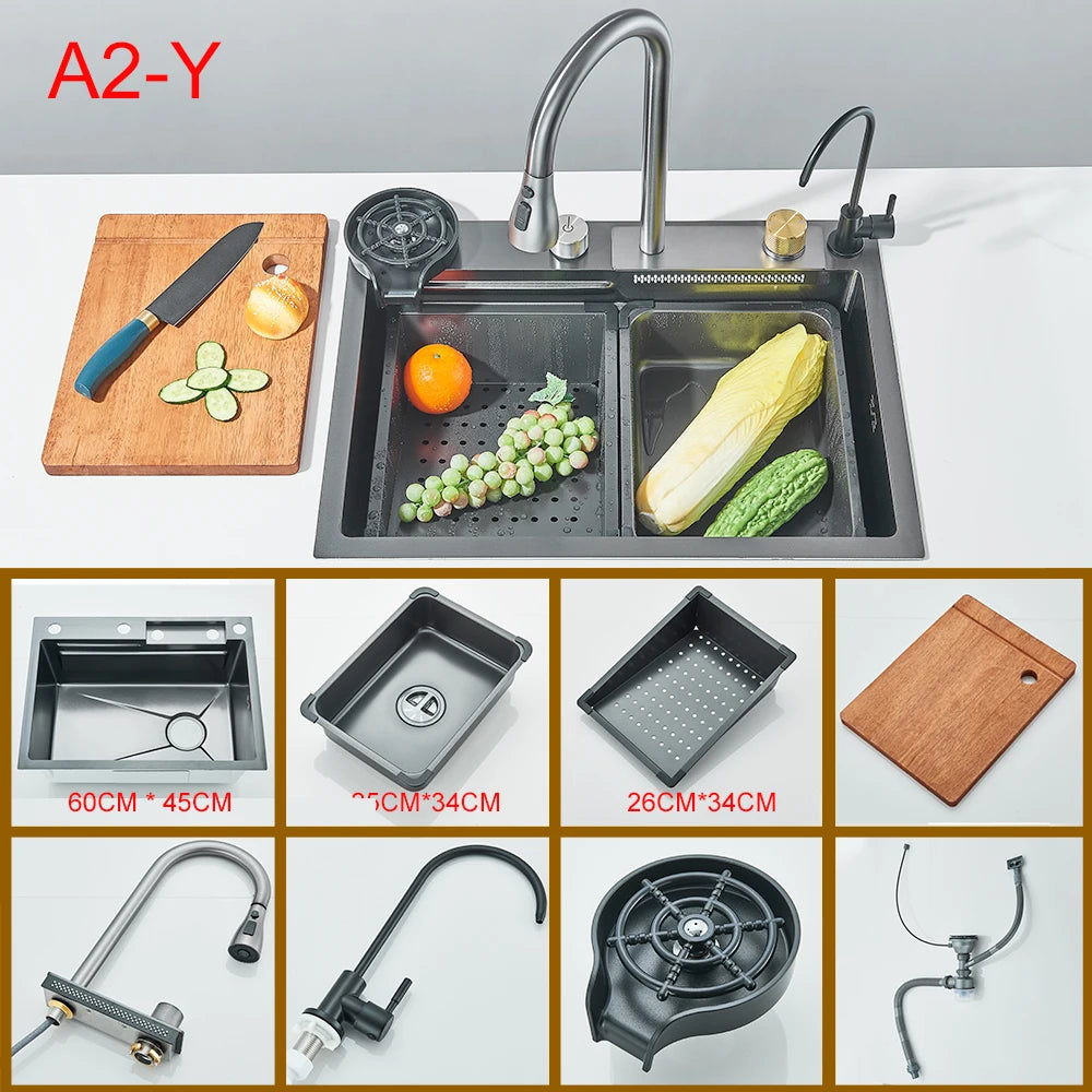 Multifunctional Kitchen Waterfall Sink Digital Display Stainless Steel