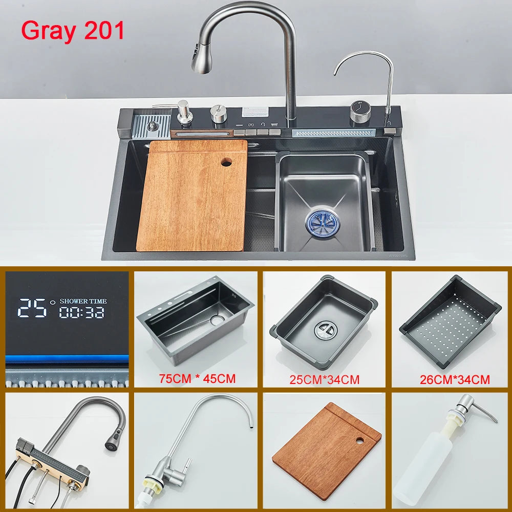 Multifunctional Kitchen Waterfall Sink Digital Display Stainless Steel
