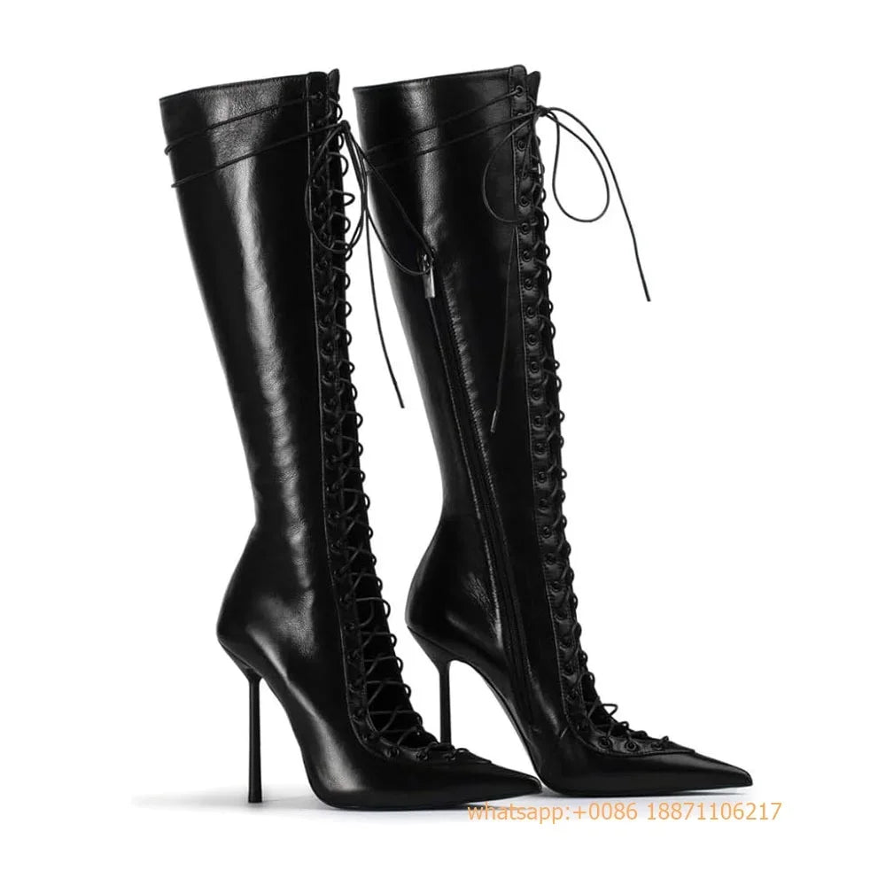 Fashion Ladies Zip Cross Lace Sexy Street Model Stiletto Boots