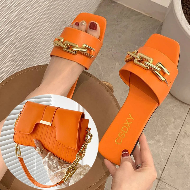 Womens Metal Chain Slippers Summer Flat-bottomed Non-slip