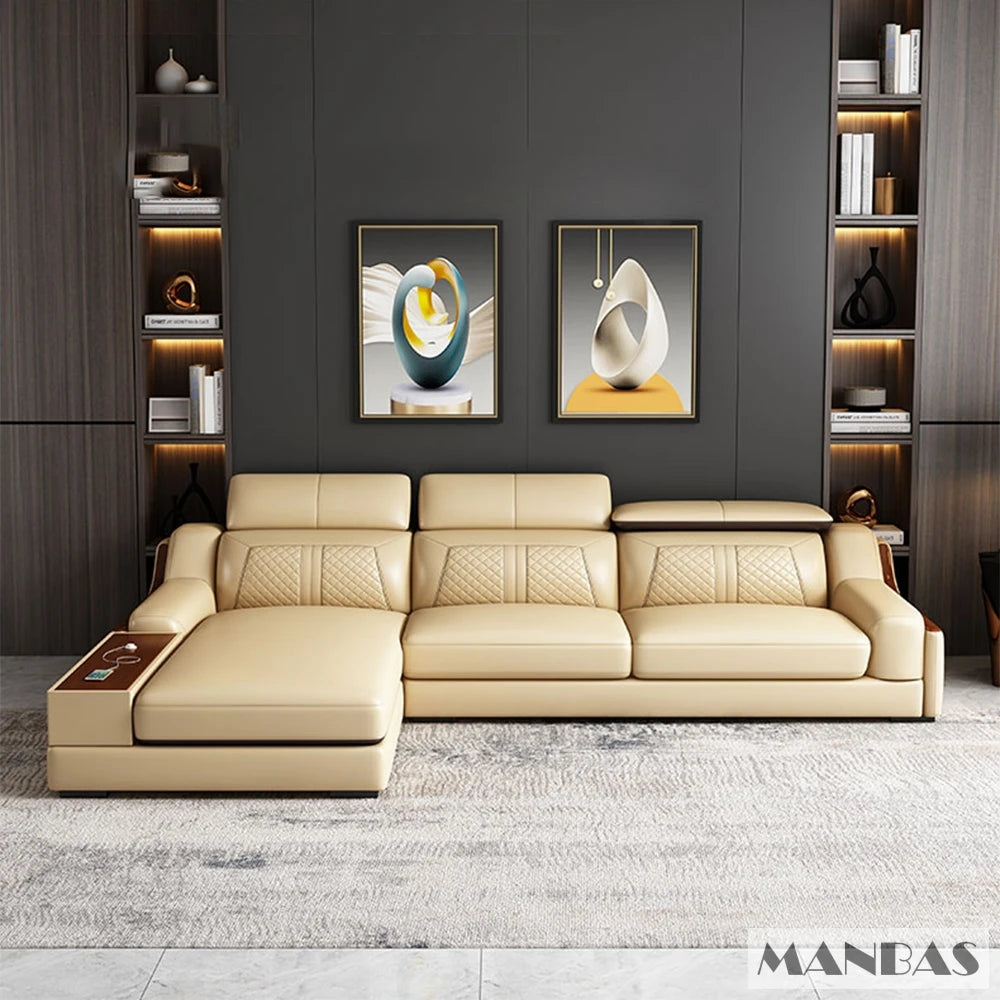 Stylish Italian Genuine Leather Sofa w/Adjustable Headrests & Bluetooth Speaker