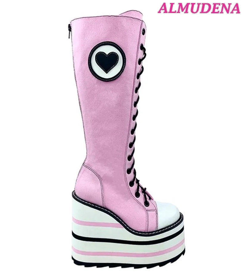 Canvas Platform Knee High Boots Colorful Cute Wedges